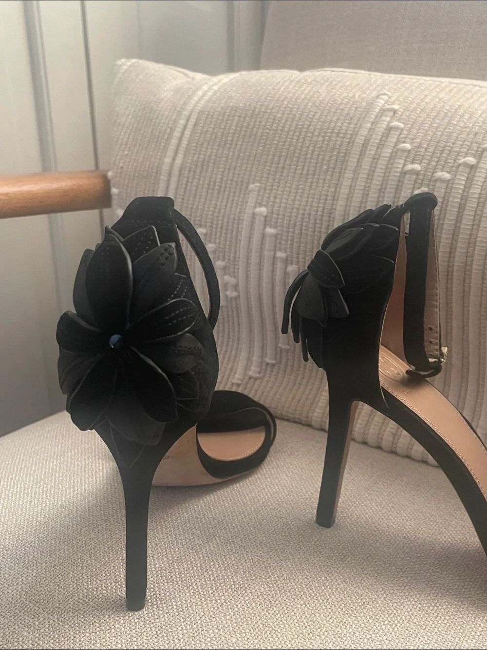 Tory Burch Suede Ankle-Strap Stiletto Heels with Floral Heel Accent
